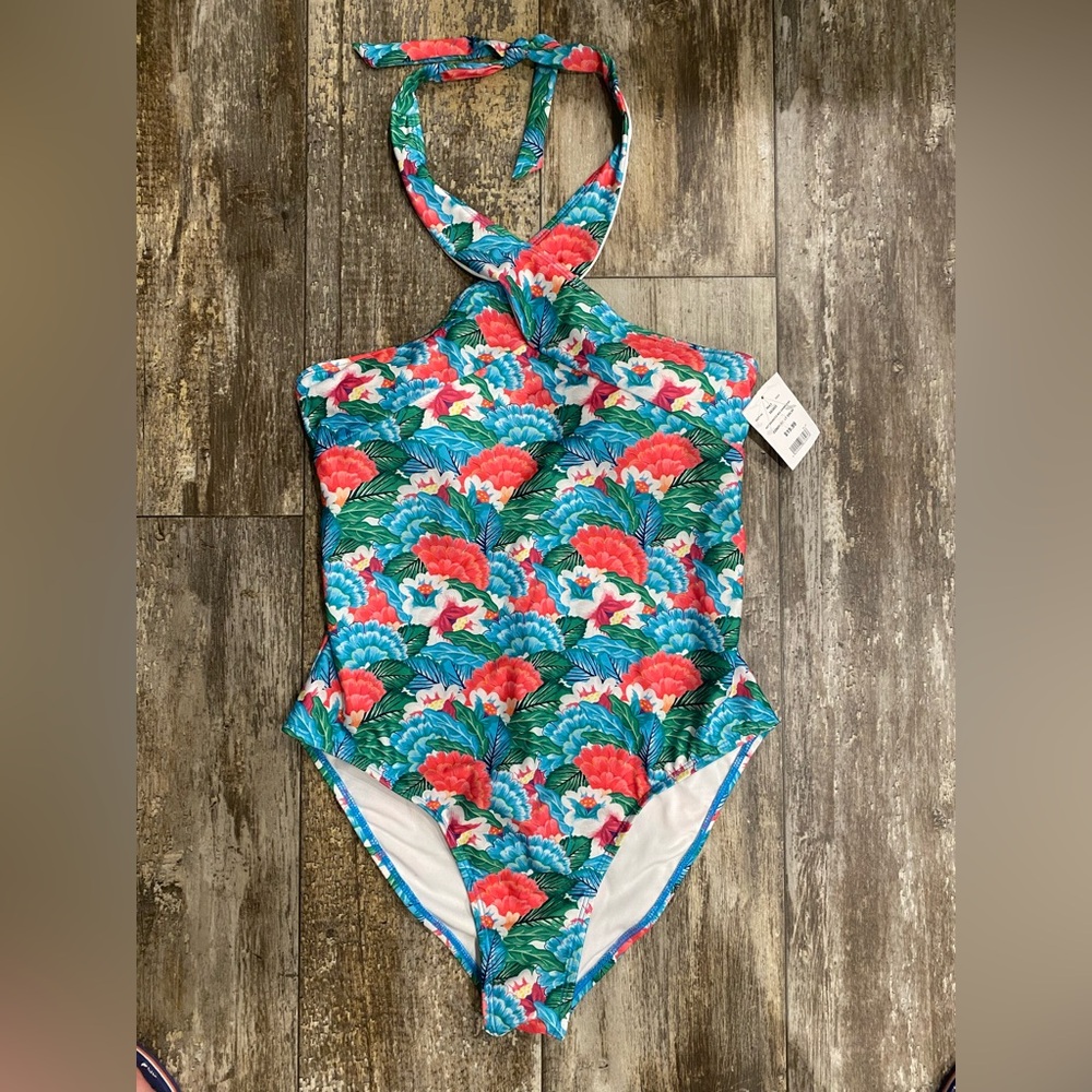 Red and Blue One Piece Halter Neck Swimwear